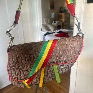 Dior Brown Saddle Bag with Red, Yellow, and Green Accents